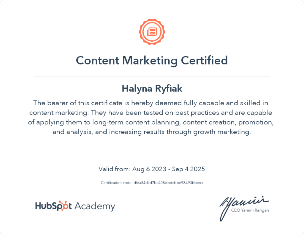 Hubspot certificate in Content Marketing issued to Halyna Ryfiak